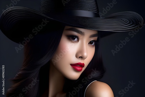 Fashion Model Beauty Portrait  Woman Beauty  Elegant Black Hat. Fashion Model Beauty Portrait  Elegant Woman in Black Hat  Beautiful Lady Lips Eyes Make Up.