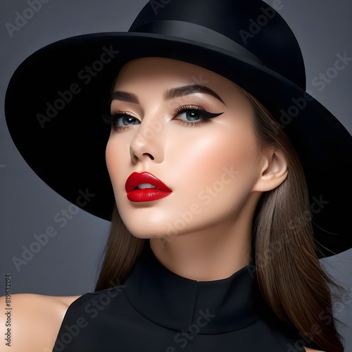 Fashion Model Beauty Portrait, Woman Beauty, Elegant Black Hat. Fashion Model Beauty Portrait, Elegant Woman in Black Hat, Beautiful Lady Lips Eyes Make Up.