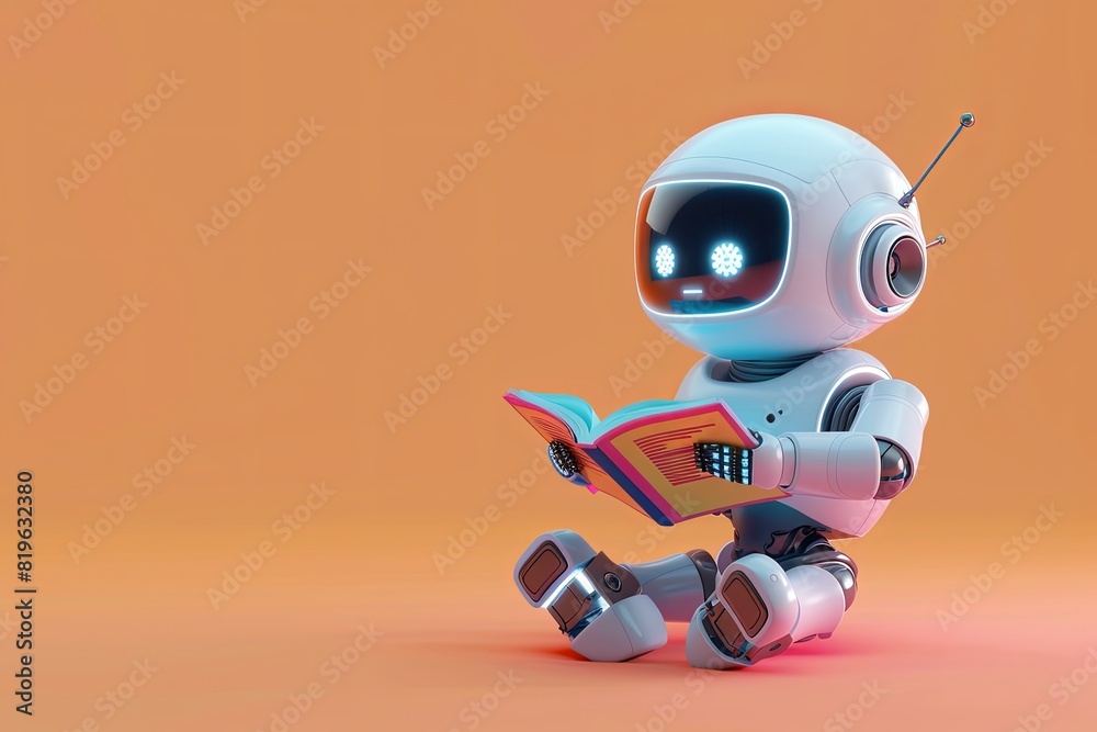 Cheerful 3D robot enjoying a book with copy space for text, conveying a friendly atmosphere Cheerful 3D robot enjoying a book with copy space for text, conveying a friendly atmosphere