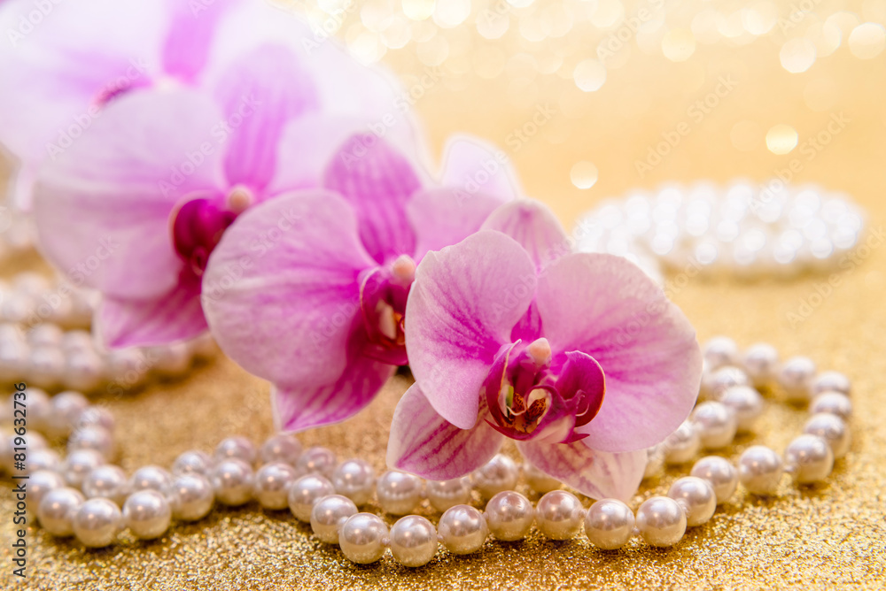 A branch of white orchids on a shiny gold background
A branch of white orchids on a shiny gold background