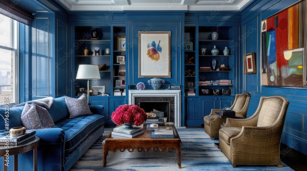 Naklejka premium A blue living room with a fireplace, a couch, and two chairs. The room is decorated with a blue color theme and has a modern design
