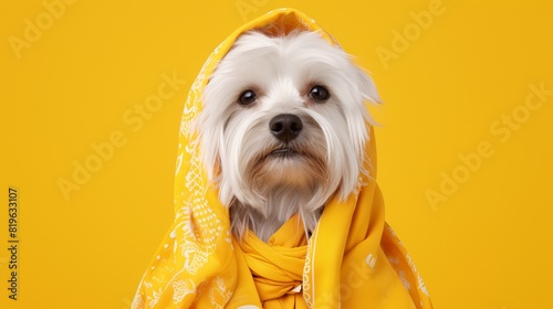 Shaggy dog in a yellow scarf and hood on a yellow background with copyspace
