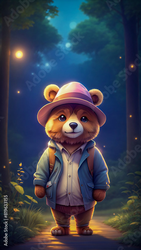 Illustration of a cute and friendly bear wearing a hat as he stands in a beautiful forest longing for adventure