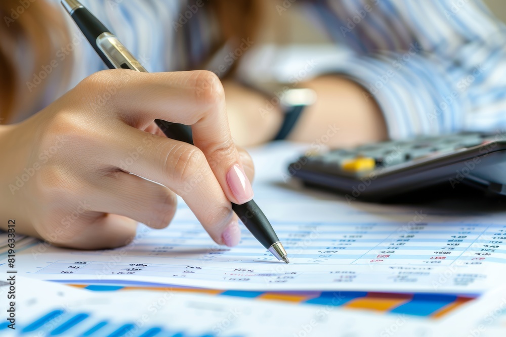 Female accountant using calculator and holding pen for business data calculation Female accountant using calculator and holding pen for business data calculation