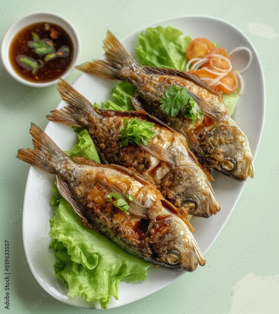 Three fish are on a white plate with a green leafy salad generated by AI Three fish are on a white plate with a green leafy salad generated by AI
