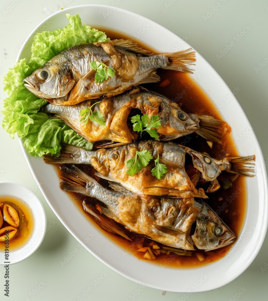 A white plate with three fish and a green leafy vegetable generated by AI A white plate with three fish and a green leafy vegetable generated by AI