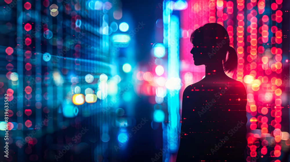 Silhouetted Woman Amidst Blurred Cityscape Lights and Digital Overlay at Night. Woman's silhouette is elegantly framed on vibrant backdrop of blurred city lights and digital data, modern urban life.