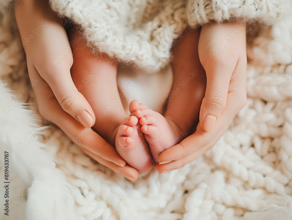 Adult hands cradling a baby's feet on a creamy wool background, conveys warmth and protection. Generative AI Adult hands cradling a baby's feet on a creamy wool background, conveys warmth and protection. Generative AI