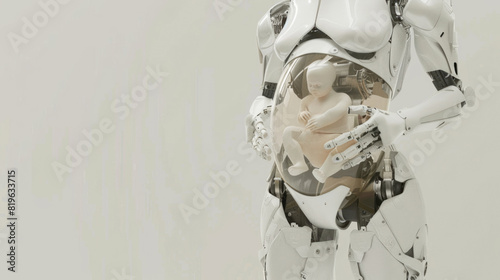 Pregnant robot woman with a belly is raising a human baby. Future technologies. Cyborg pregnancy. Futuristic world. photo