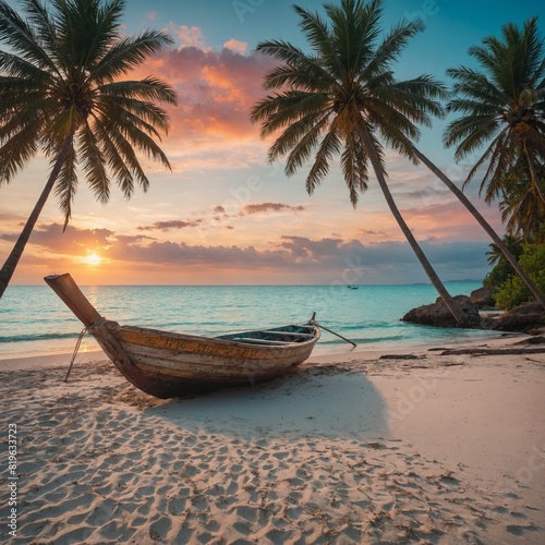 boat at beautiful beach with palms  white sand  turquoise water sunset scene