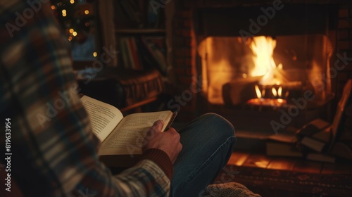 Cozy Evening Reading: Man Relaxing with a Book by the Fireplace