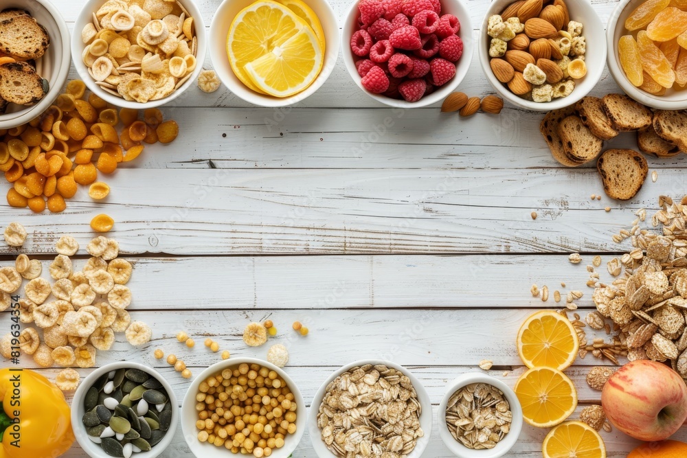 Healthy breakfast ingredients forming side border on light wood background, top view with copy space Healthy breakfast ingredients forming side border on light wood background, top view with copy space