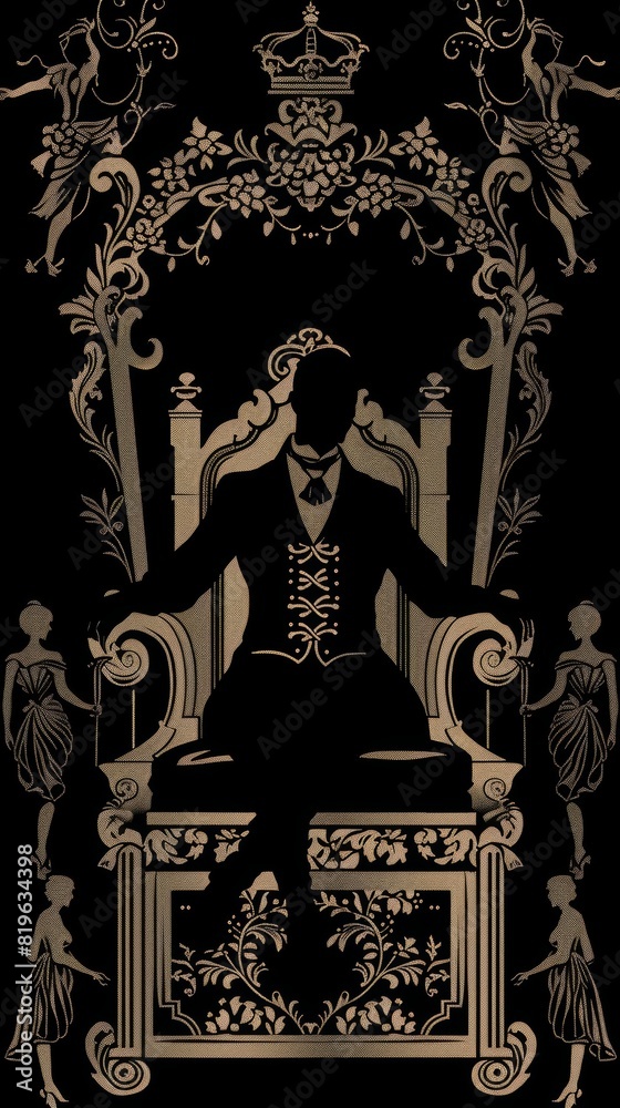 Obraz premium Majestic silhouette of a wealthy man in a luxurious chair, with a trio of maids on each side, against an unblemished black background, designed for a noisefree aesthetic