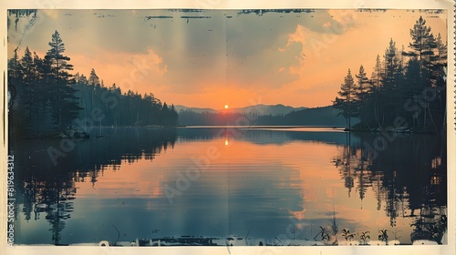 A Polaroid memory of a serene sunset, where the golden light caressed the peaceful waters of the calm lake. photo