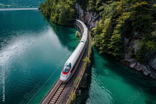 High-speed train passing scenic lake - green railway transport photo captured from drone