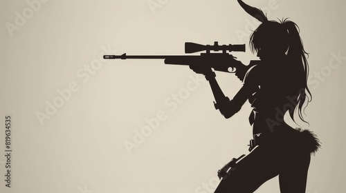 A minimalist silhouette of a Alluring girl in a Bunny Girl suit, armed with a rifle, crafted against a stark background for a noisefree finish