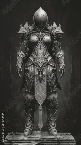 Digital Sculpture of fantasy MMORPG armor sets, showcased in a dramatic, Baroqueinspired drama setting with sharp contrasts photo