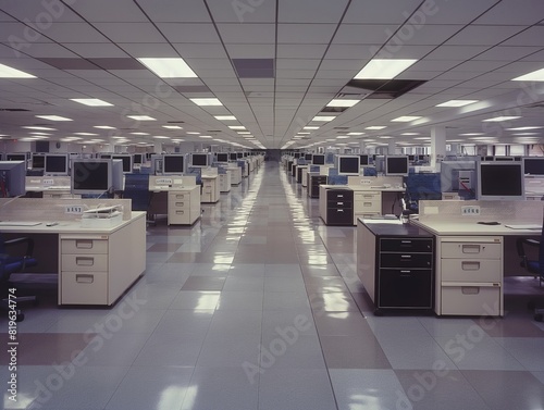 A large, open-plan office with rows of identical workstations, each equipped with a computer and office supplies, under bright fluorescent lighting. photo