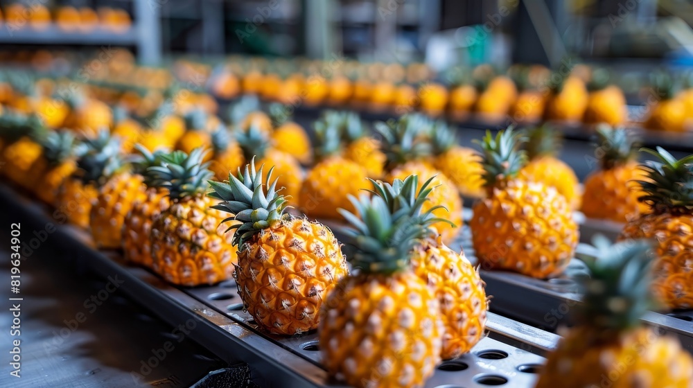 A crate of pineapples is displayed in a store