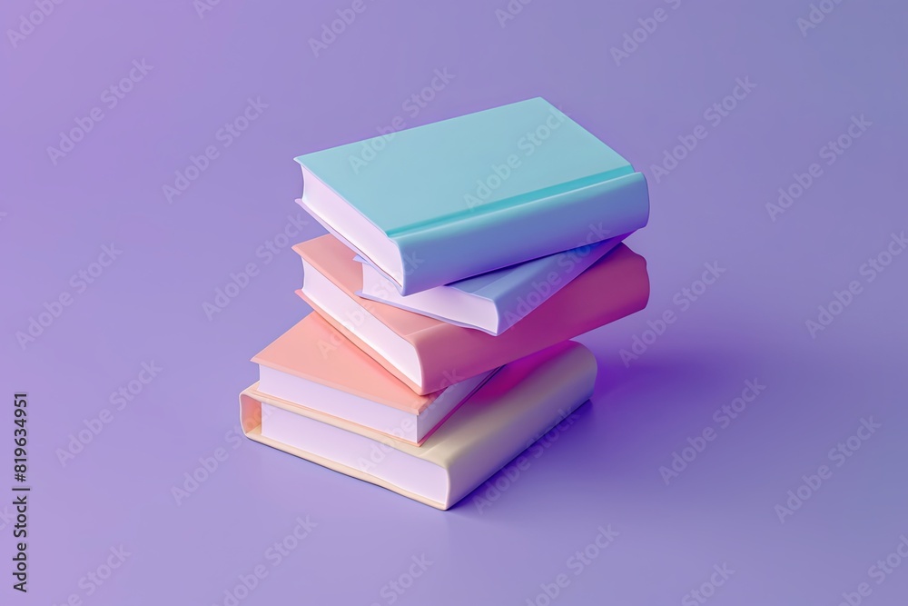 Simplified Isometric 3D Illustration of Book Pile on Purple Background, Conveying Minimalistic Education Theme