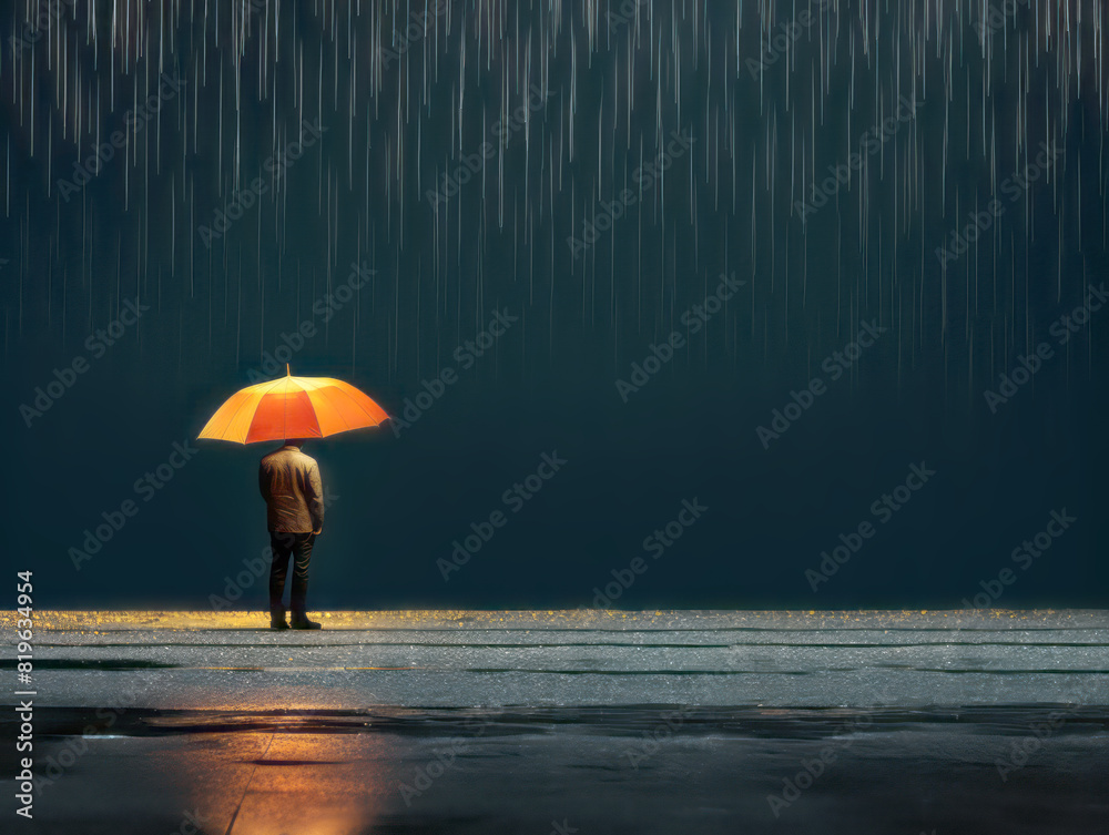 Person standing under an orange umbrella in the rain, on a street with a dark blue background, evoking solitude. Generative AI