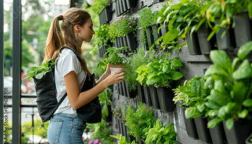 Fototapeta Naklejka Na Ścianę i Meble -  Modern vertical herb garden planter bags on apartment balcony wall with woman tending plants