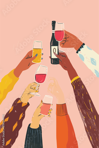 A group of people celebrating holding alcoholic drinks. Friends toasting with drinks