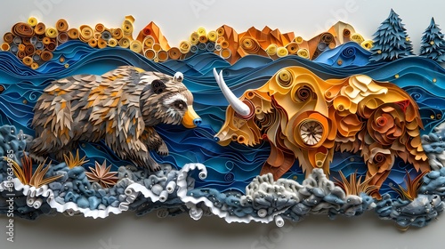 The robust bull, crafted from coils of paper, symbolized growth and optimism within the quilled representation of the forex market.