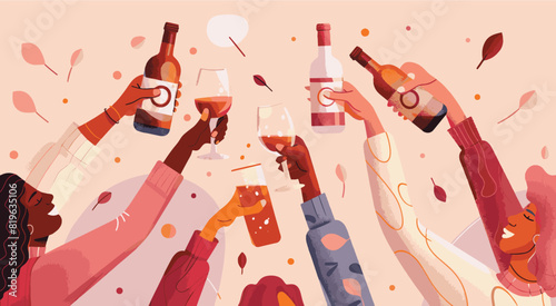 A group of people celebrating holding alcoholic drinks. Friends toasting with drinks