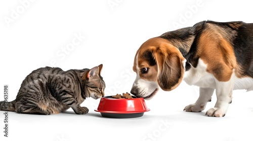 Cute dog and cat eating together from a red bowl. Simple white background. Ideal for pet food advertising. AI