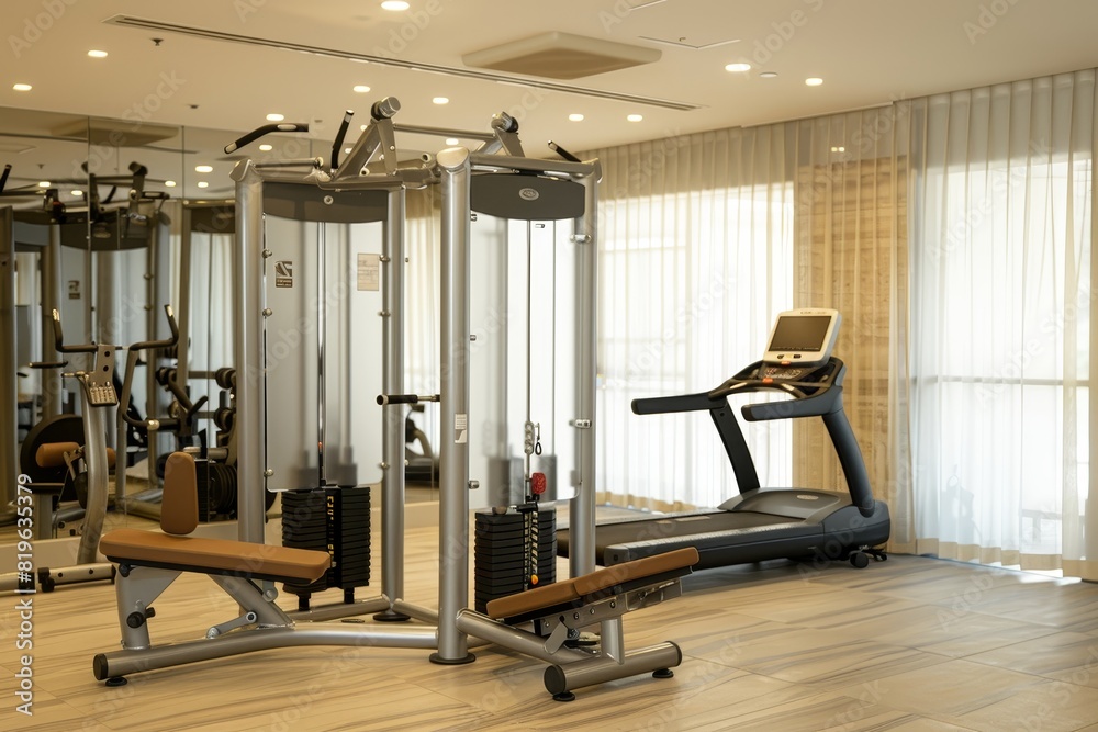 Modern fitness center interior with complete bodybuilding equipment and machines