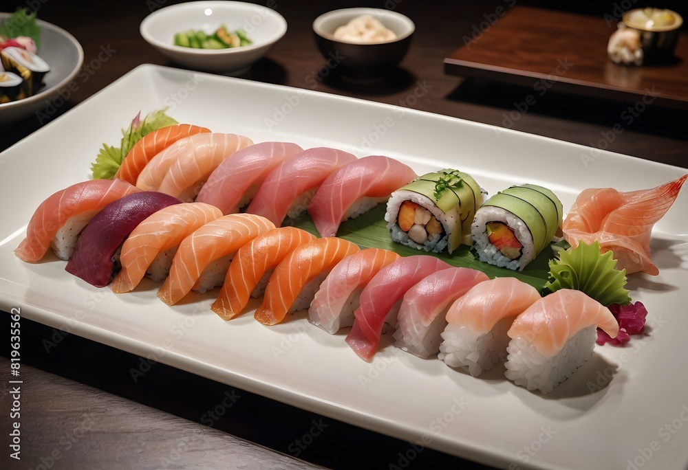 there are many sushi rolls on a black plate with a bowl of sauce