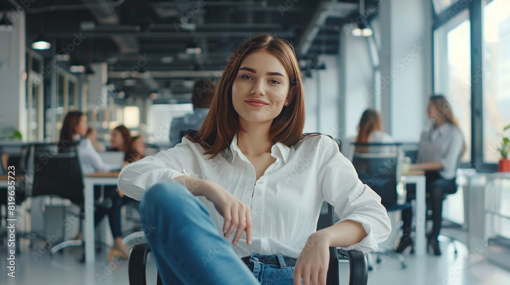 Young business woman sitting on a chair against the background of a meeting in a modern office Young business woman sitting on a chair against the background of a meeting in a modern office
