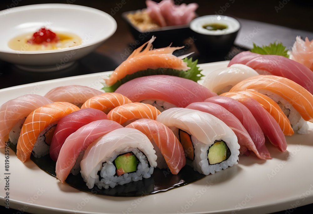 there are many sushi rolls on a black plate with a bowl of sauce there are many sushi rolls on a black plate with a bowl of sauce