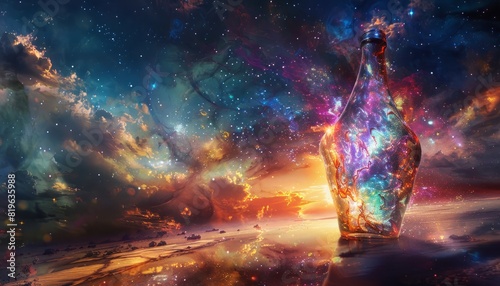 An imaginative scene combining an enigmatic nebula with a beautifully designed bottle, merging cosmic and artistic themes photo