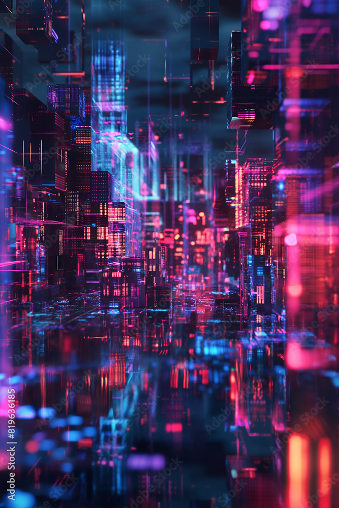 abstract futuristic cityscape at night with neon lights and holographic elements, 3D glitch pattern, photorealistic // ai-generated 