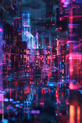 abstract futuristic cityscape at night with neon lights and holographic elements, 3D glitch pattern, photorealistic // ai-generated 