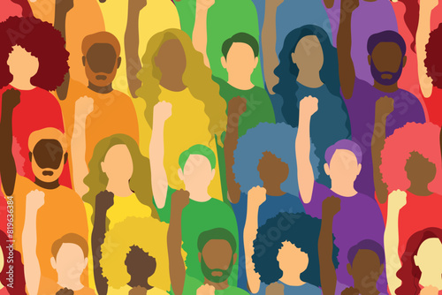 Background for LGBTQIA pride month. Interracial group of people in rainbow clothes. Support for sexual minorities. Seamless vector pattern.