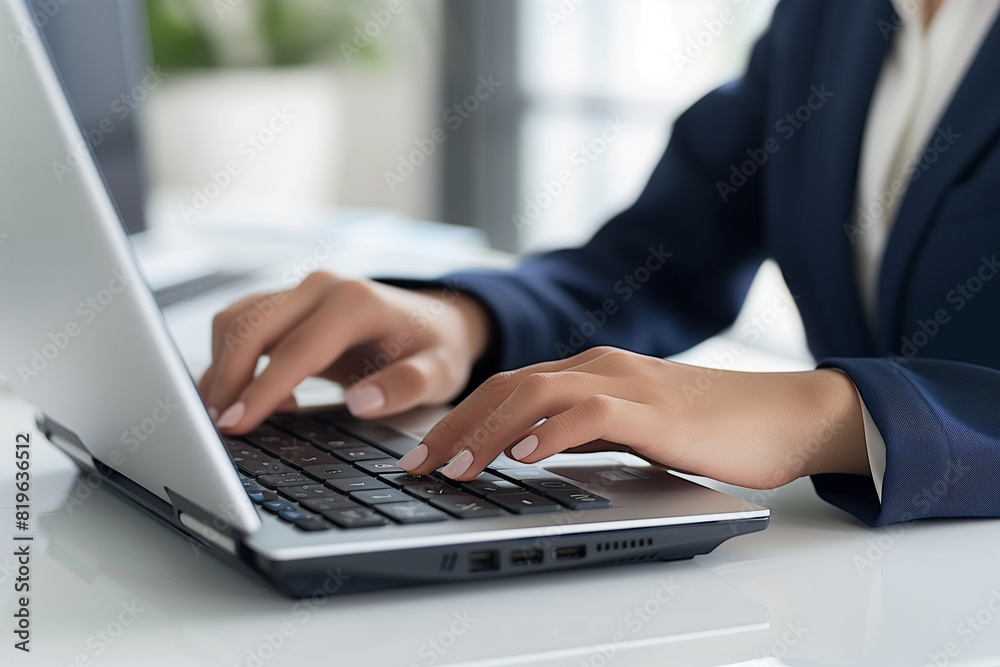 Close up of hands of Accountant, Auditor, financial consultant or adviser for investments. with a calculator working on a laptop at a white desk, a businesswoman in a navy blue sui Close up of hands of Accountant, Auditor, financial consultant or adviser for investments. with a calculator working on a laptop at a white desk, a businesswoman in a navy blue sui