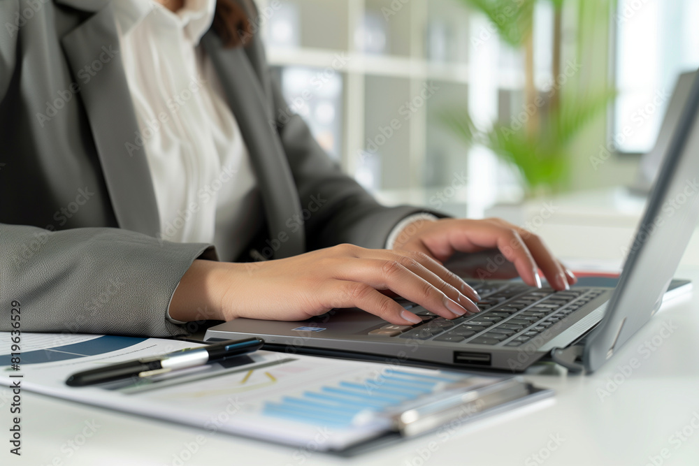Close up of hands of Accountant, Auditor, financial consultant or adviser for investments. with a calculator working on a laptop at a white desk, a businesswoman in a grey suit usi Close up of hands of Accountant, Auditor, financial consultant or adviser for investments. with a calculator working on a laptop at a white desk, a businesswoman in a grey suit usi