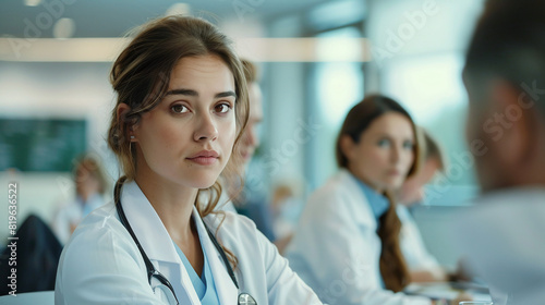 Young female doctor sitting at a meeting of doctors in a meeting room in a hospital