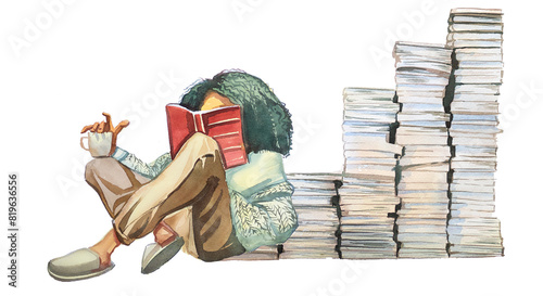 Young girl reads a book. Watercolor hand painted woman reading a story. Book lover concept. Book reader design. Bookworm illustration.