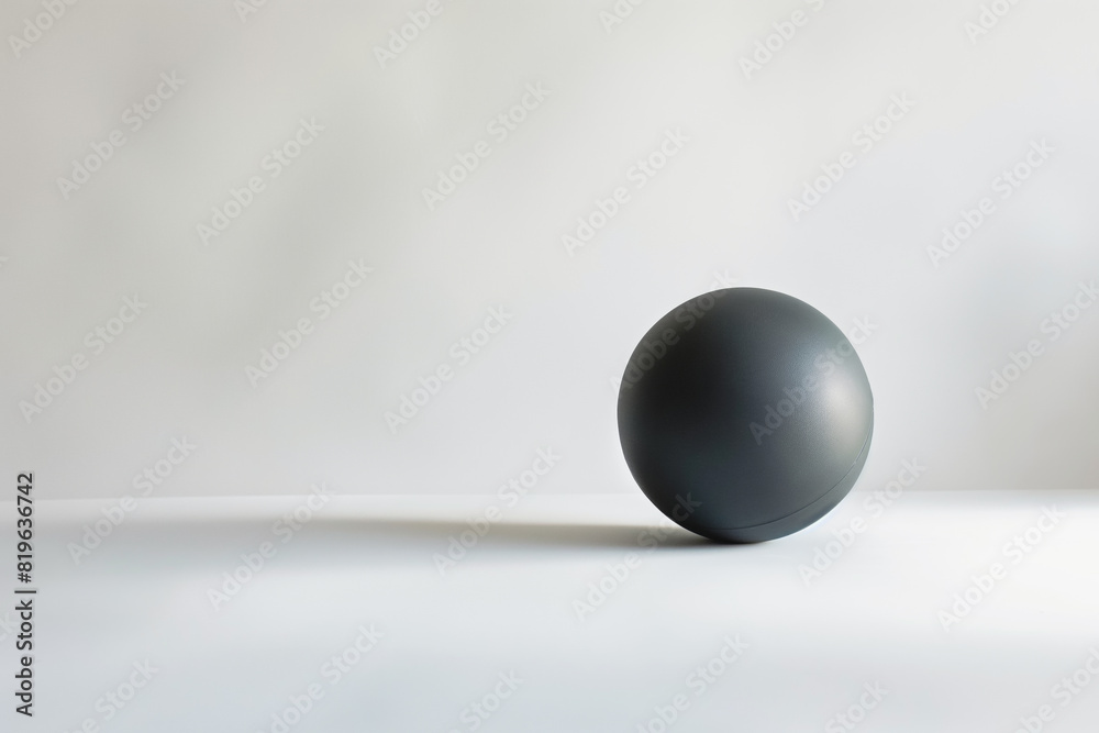 A black ball sits on a white tabletop in a still life setting. Copy Space. Generative AI A black ball sits on a white tabletop in a still life setting. Copy Space. Generative AI