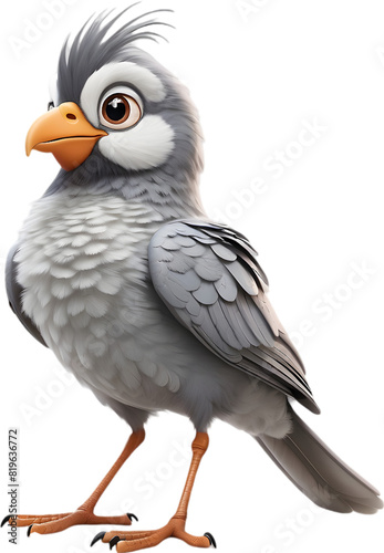 A cute cartoon-style bird with fuzzy gray feathers. 