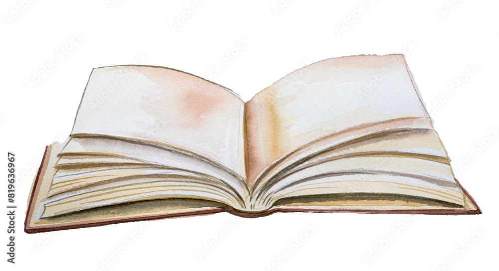 Old book isolated on white.Watercolor open book illustration.
