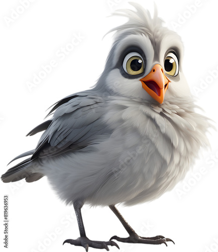 A cute cartoon-style bird with fuzzy gray feathers. 