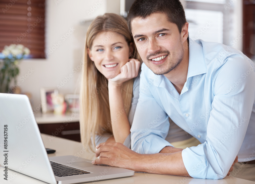 Couple, portrait and laptop for home planning, insurance and online shopping in kitchen with smile. People on computer for e commerce software, registration or FAQ on website with house internet Couple, portrait and laptop for home planning, insurance and online shopping in kitchen with smile. People on computer for e commerce software, registration or FAQ on website with house internet