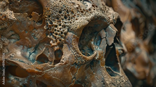 Up close, the intricate details of a fossilized skull are revealed, offering a glimpse into the anatomy and morphology of ancient creatures that once roamed the Earth. photo