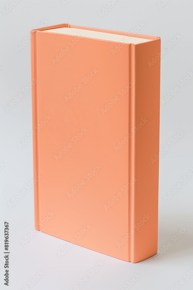 Peach-colored hardcover book standing on white surface. Minimalistic design mockup. Peach-colored hardcover book standing on white surface. Minimalistic design mockup.