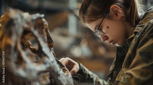 With focused attention, a paleontologist carefully examines the fossilized remains of a prehistoric creature, piecing together its life story from the intricate details preserved in the skull. photo